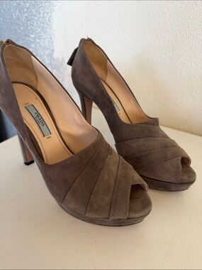 Prada Taupe Suede Peep-Toe Stiletto Heels